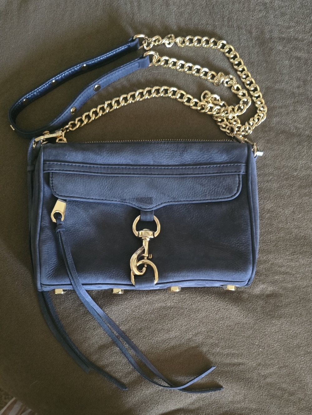 Rebecca Minkoff Blue Suede Mini MAC Crossbody Bag Purse with Gold Chain